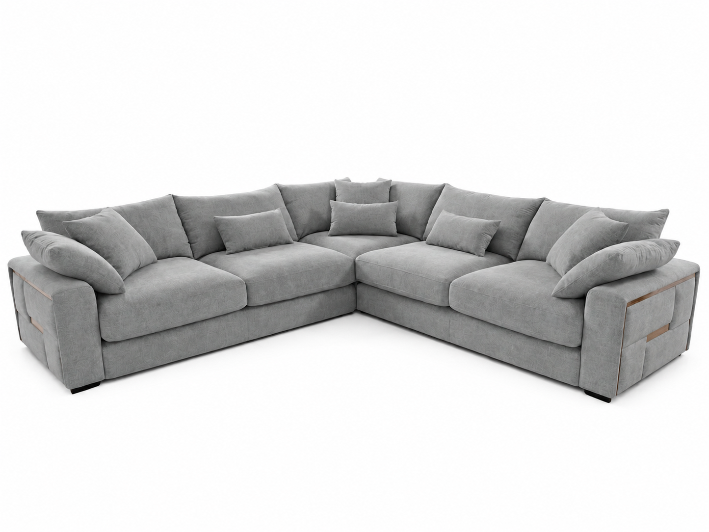 A light gray fabric sectional sofa with multiple matching throw pillows, shown from a three-quarters angle on a solid white background.