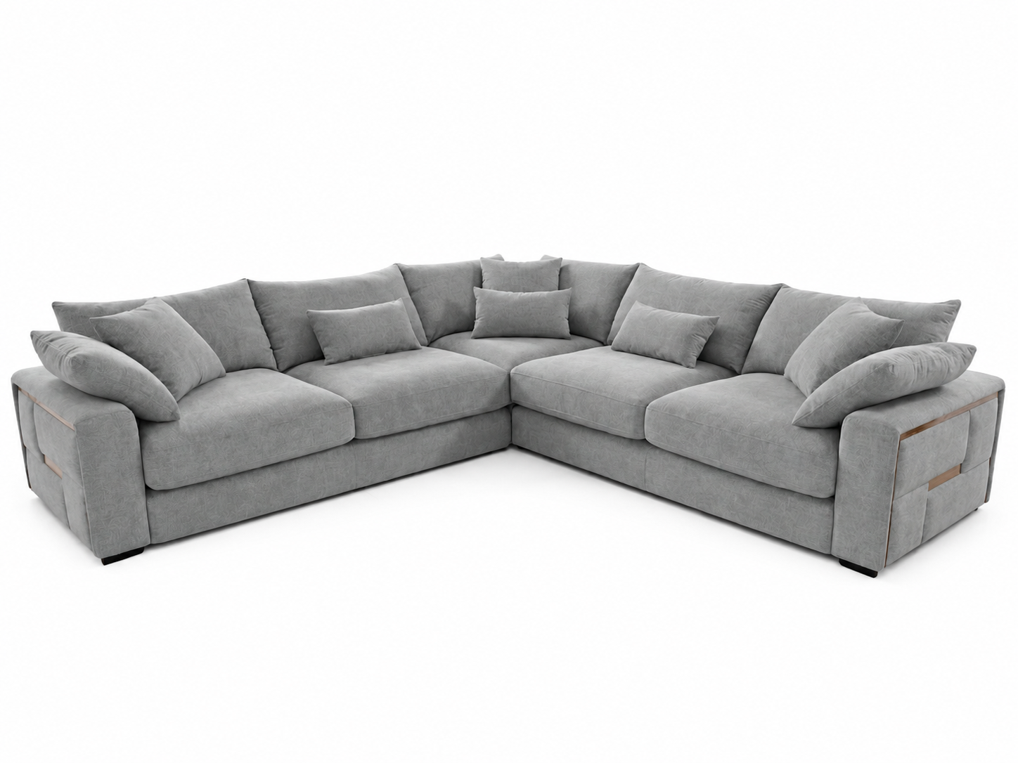 A light gray fabric sectional sofa with multiple matching throw pillows, shown from a three-quarters angle on a solid white background.