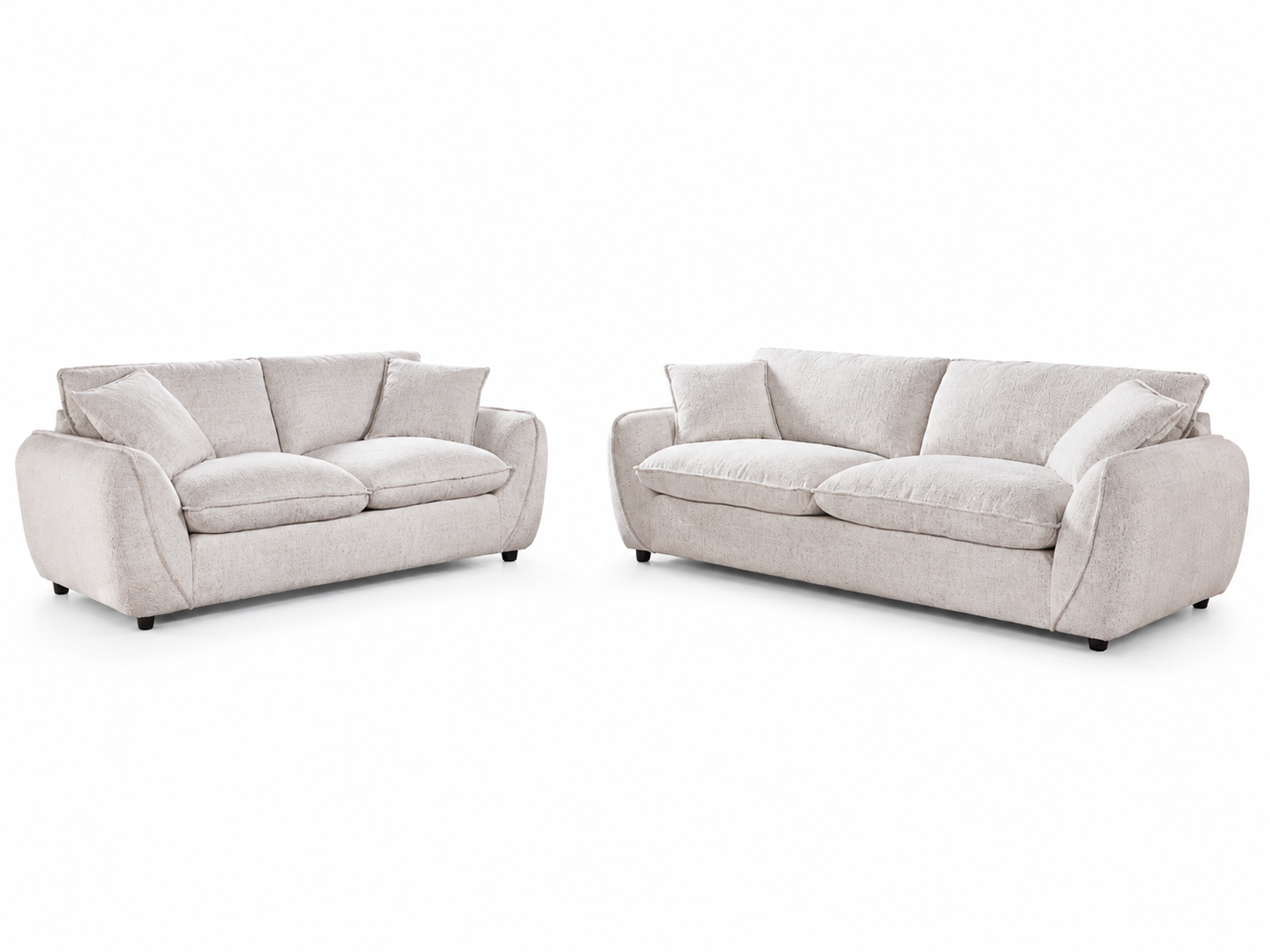 A light beige upholstered loveseat and matching three-seater sofa set shown on a plain white background.