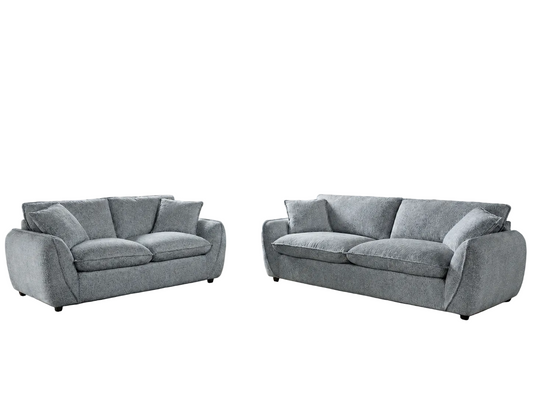 A light gray upholstered loveseat and matching sofa set shown on a plain white background.