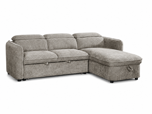 A light gray upholstered sectional sofa with a right-facing chaise lounge and lift-top storage sections on the front seat and chaise, shown against a plain white background.