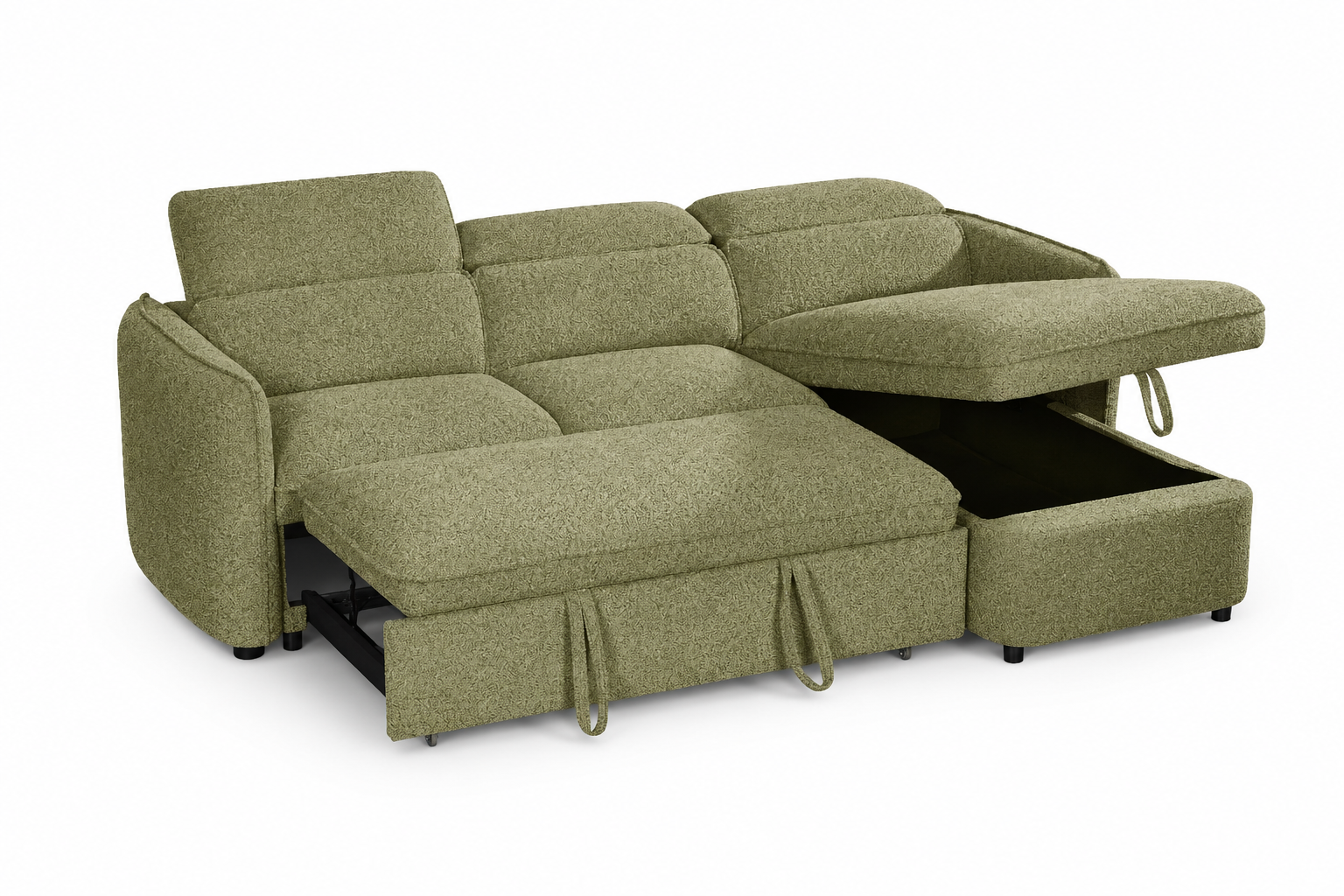 An olive green upholstered sectional sofa shown in a partially folded-down configuration, revealing a storage compartment underneath, on a solid white background.
