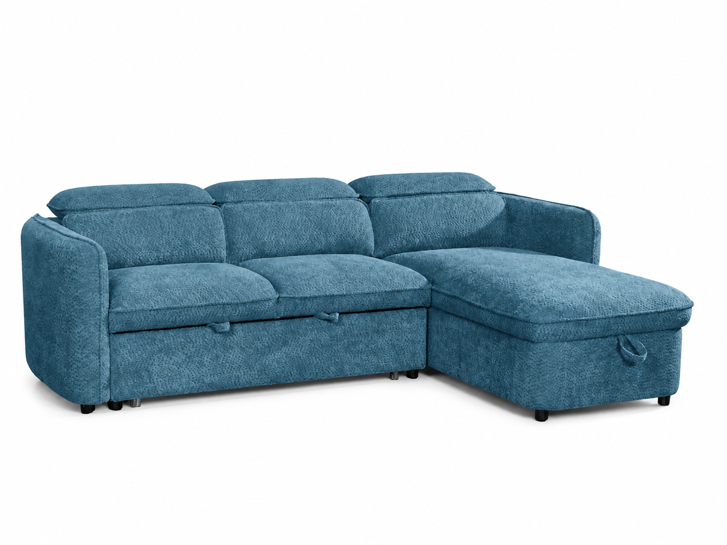A blue textured fabric sectional sofa with a right-facing chaise lounge and lift-up storage drawers underneath the seat and chaise, shown on a plain white background.