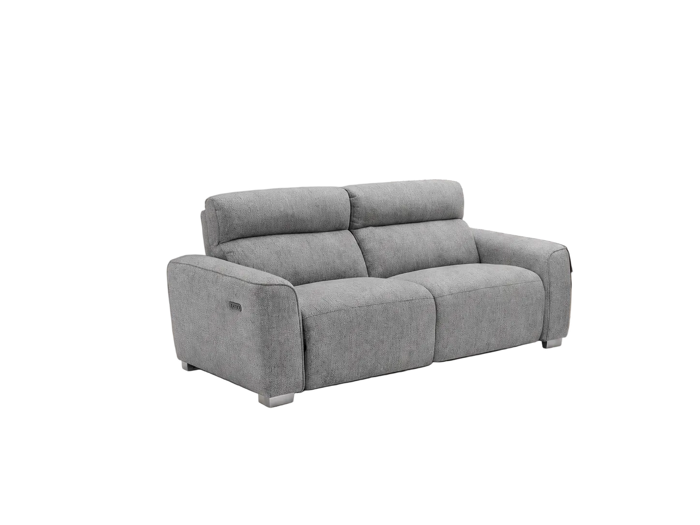 A modern two-seater sofa in textured light gray fabric, shown from a three-quarter angle against a plain white background.