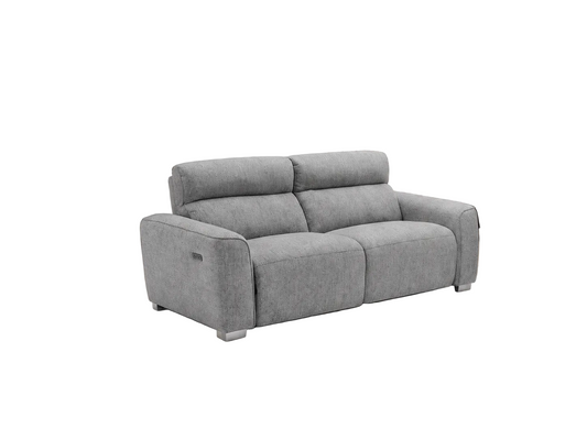 A modern two-seater sofa in textured light gray fabric, shown from a three-quarter angle against a plain white background.