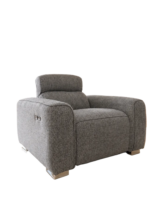 A modern gray upholstered armchair shown on a plain white background.