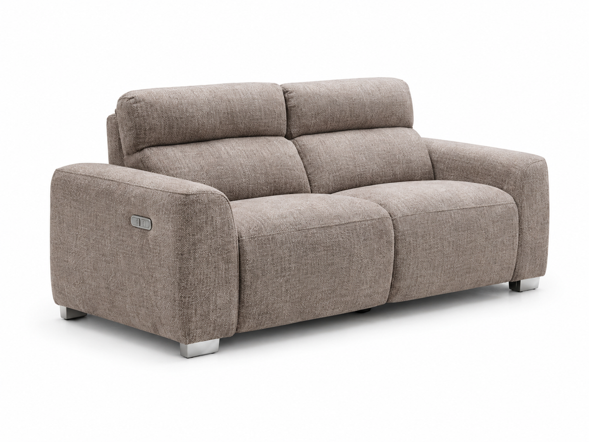 A modern two-seater sofa upholstered in textured taupe fabric, featuring square arms, a low backrest, and slim metallic legs, shown on a plain white background.