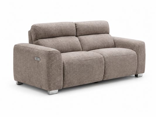 A modern two-seater sofa upholstered in textured taupe fabric, featuring square arms, a low backrest, and slim metallic legs, shown on a plain white background.