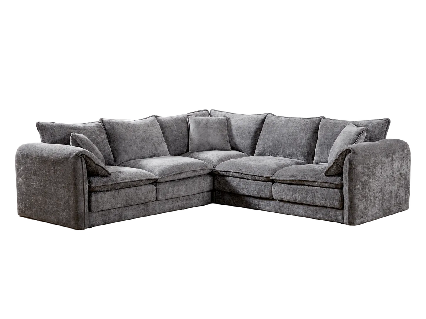 A gray fabric sectional sofa with multiple plush back cushions and matching throw pillows, shown on a plain white background.