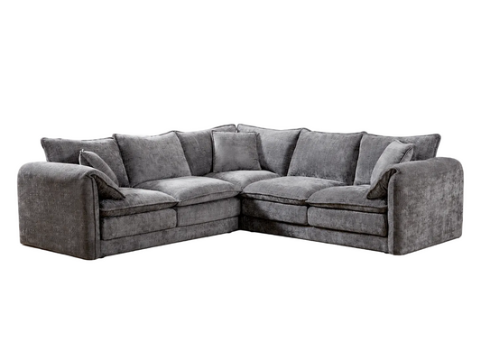 A gray fabric sectional sofa with multiple plush back cushions and matching throw pillows, shown on a plain white background.