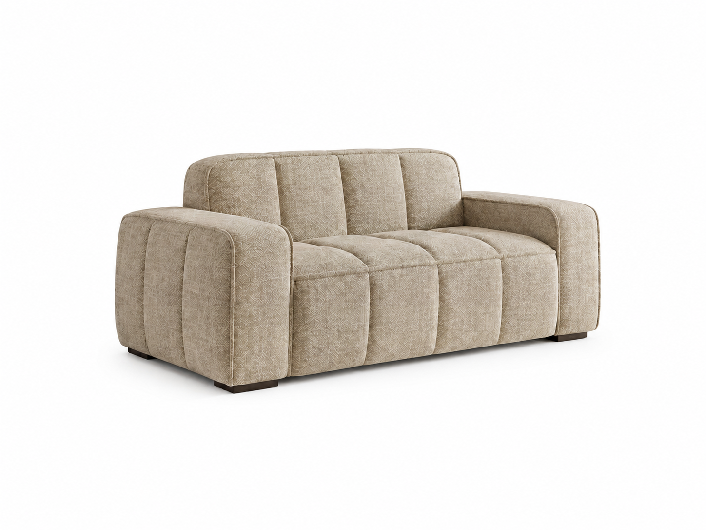 A modern two-seater sofa upholstered in a textured beige fabric shown on a plain white background.
