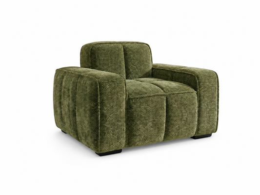 A modern low-profile armchair upholstered in textured olive green bouclé fabric on a solid white background.