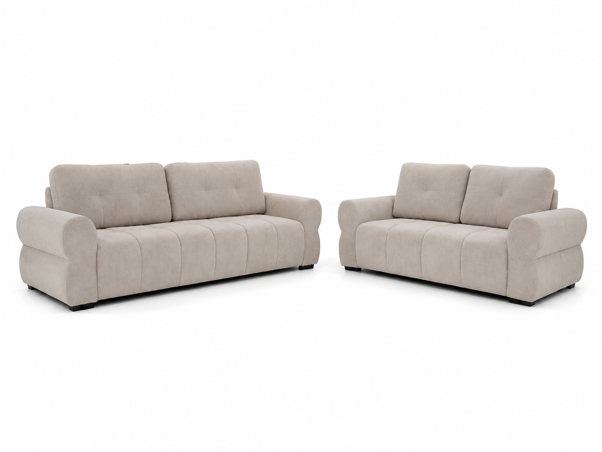 A light beige upholstered three-seat sofa and a matching two-seat loveseat shown side by side on a plain white background.