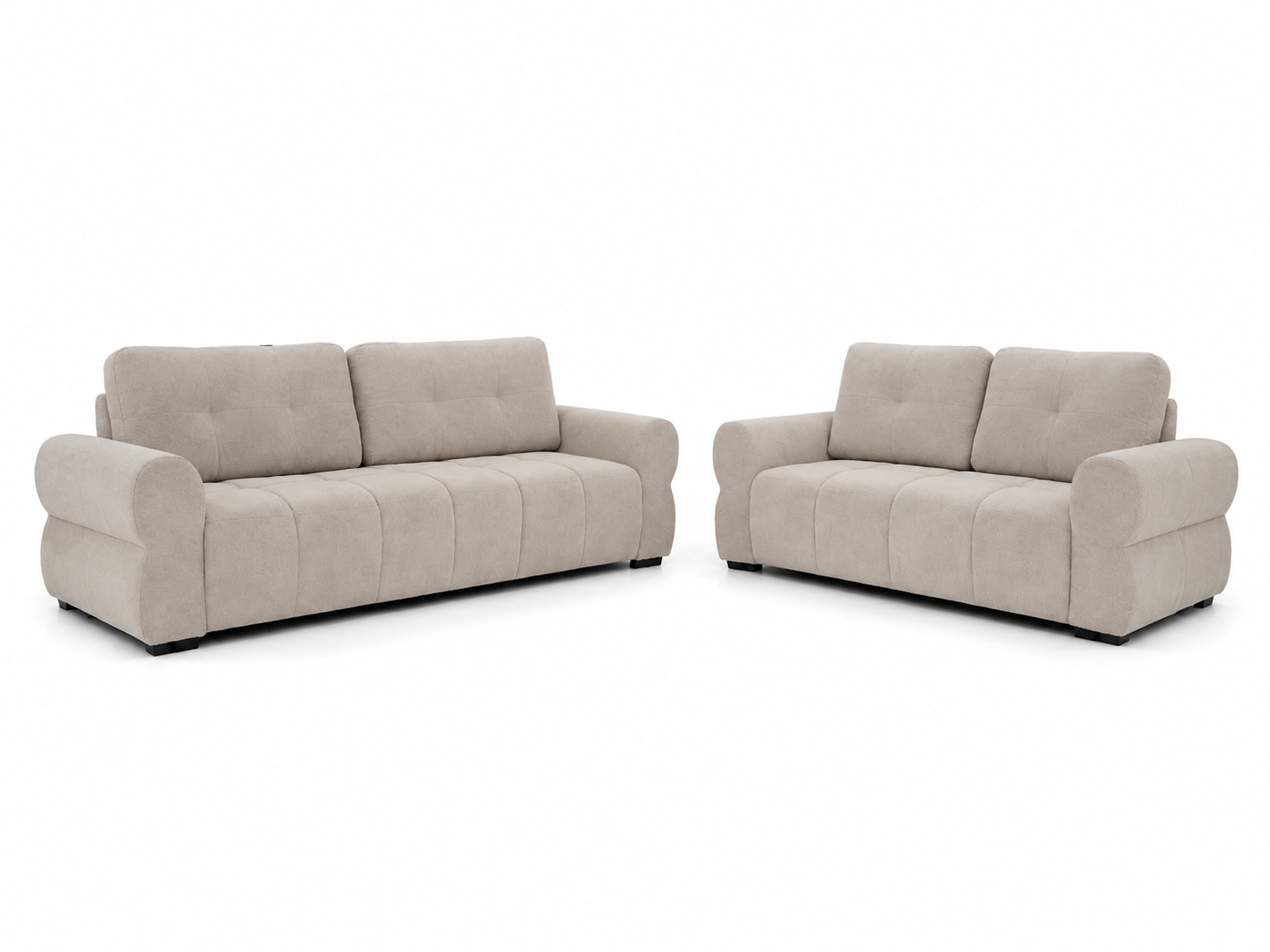 A light beige upholstered three-seat sofa and a matching two-seat loveseat shown side by side on a plain white background.