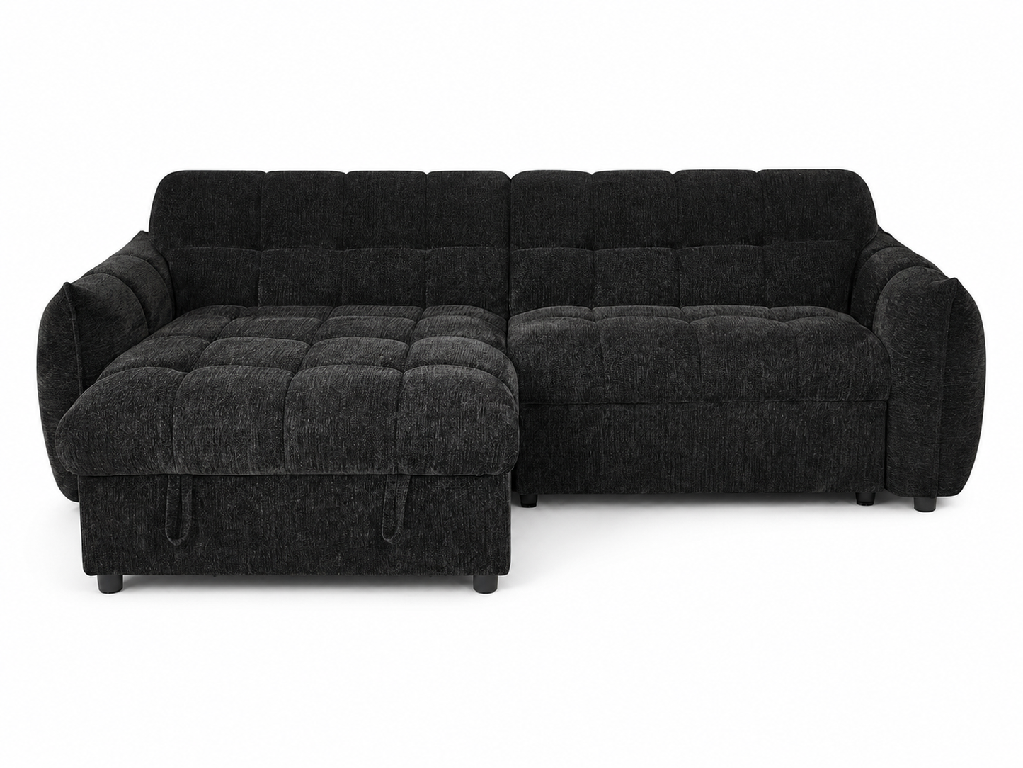 A black tufted fabric sofa with a chaise lounge on the left, shown against a plain white background.