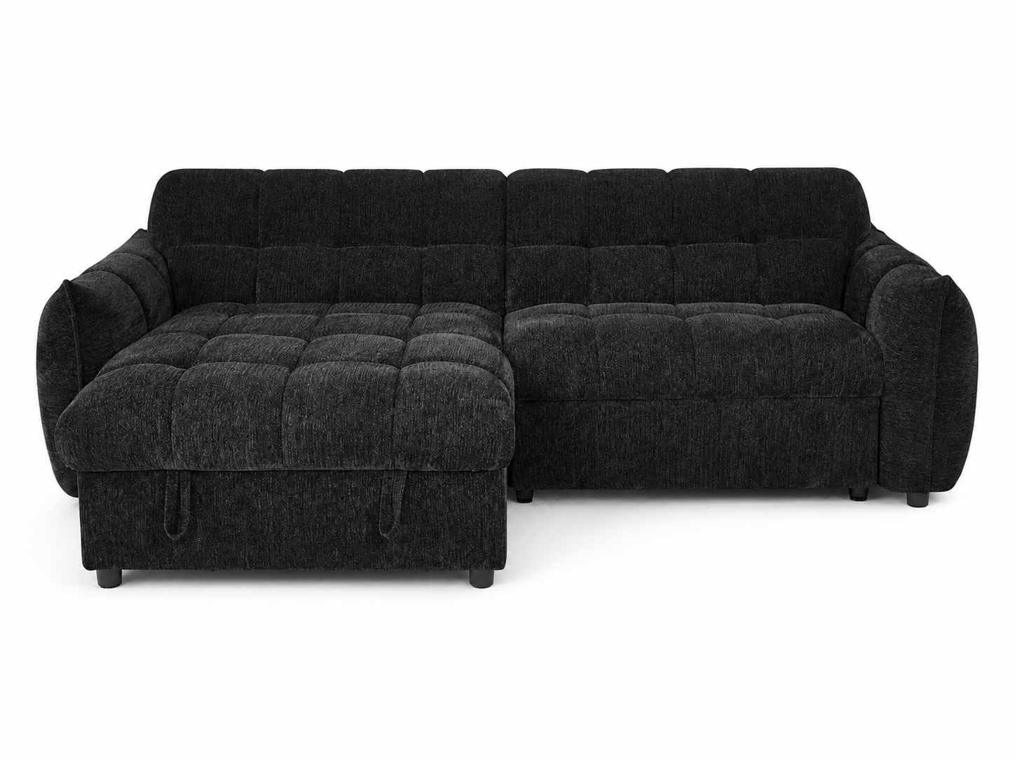 A black tufted fabric sofa with a chaise lounge on the left, shown against a plain white background.