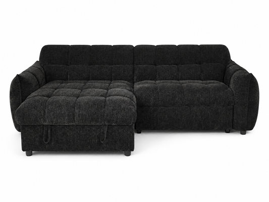 A black tufted fabric sofa with a chaise lounge on the left, shown against a plain white background.