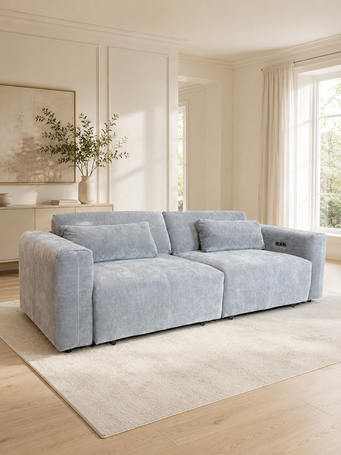A light grey upholstered sofa with two matching throw pillows, placed on a cream area rug in a bright, modern living room with light wood floors and large windows.