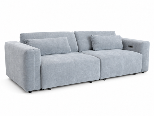 A modern light gray fabric sectional sofa with two matching throw pillows, shown from a three-quarter angle on a plain white background.