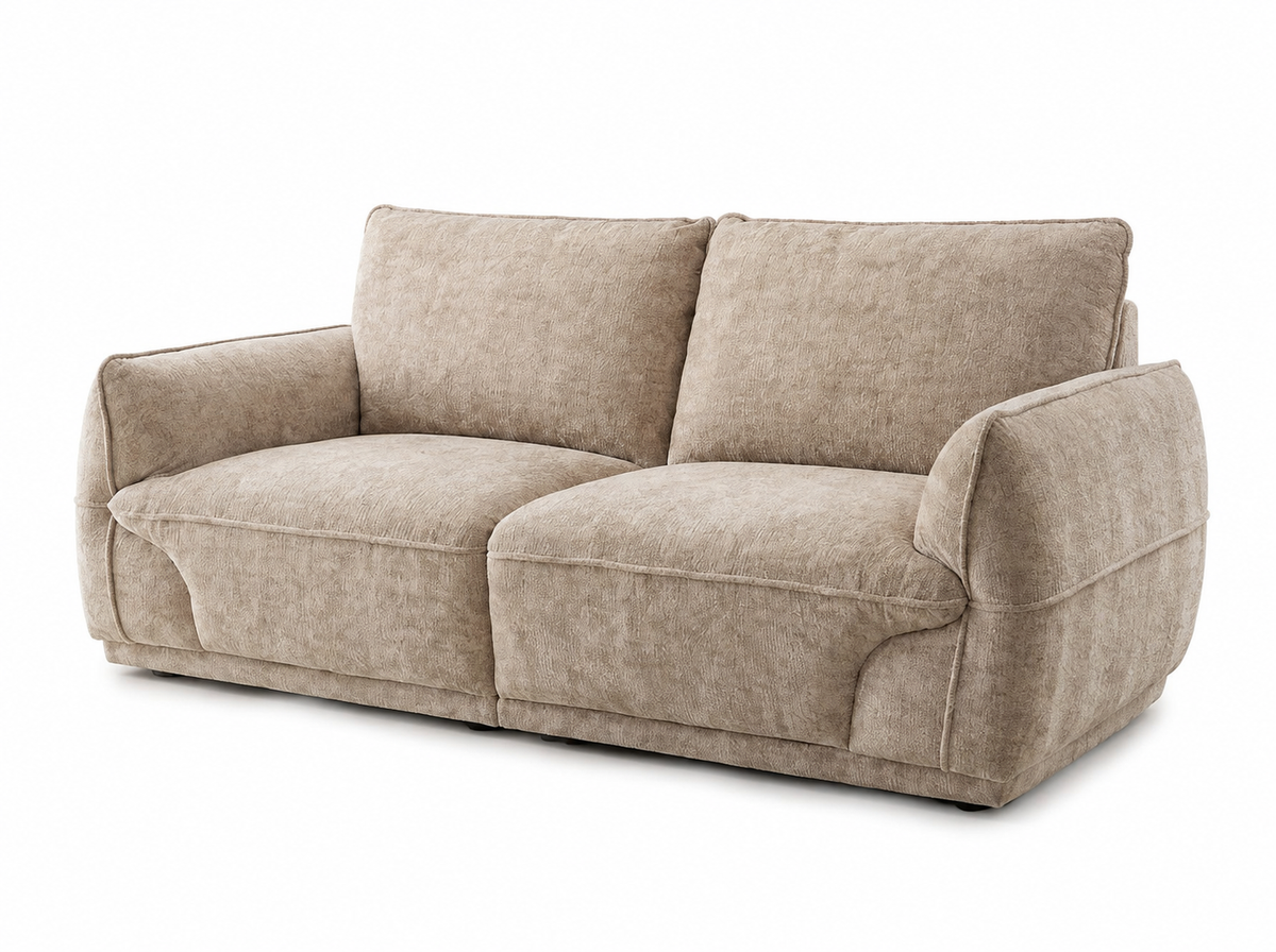A two-seater loveseat sofa upholstered in a textured beige fabric, shown from a three-quarter angle on a white background.