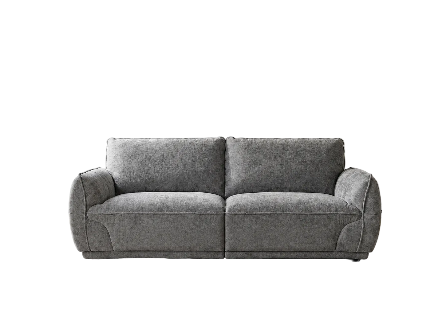 A modern two-seater sofa upholstered in textured gray fabric, shown from a front-facing perspective against a solid white background.