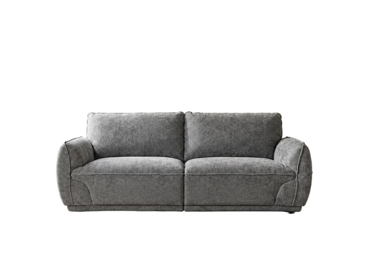 A modern two-seater sofa upholstered in textured gray fabric, shown from a front-facing perspective against a solid white background.