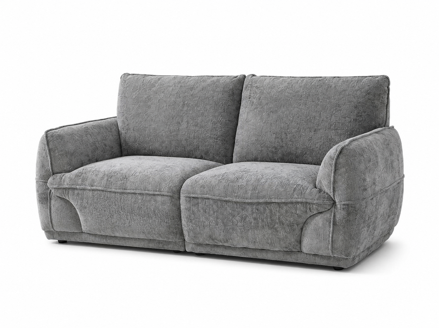 A modern two-seater loveseat sofa upholstered in textured gray fabric, shown from a three-quarter angle on a white background.