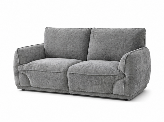 A modern two-seater loveseat sofa upholstered in textured gray fabric, shown from a three-quarter angle on a white background.