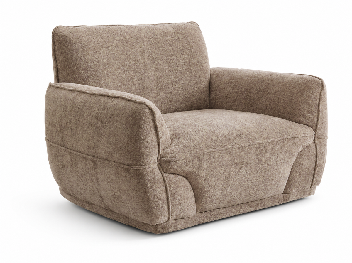 A modern low-profile armchair upholstered in a textured taupe fabric, shown from a three-quarter angle on a white background.