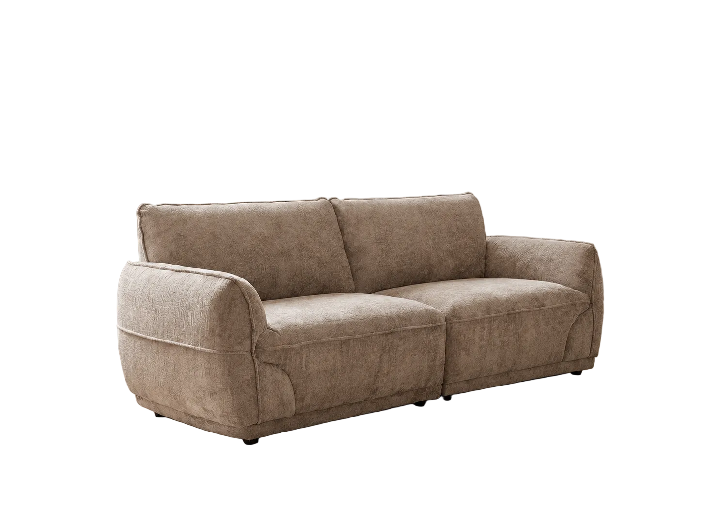 A two-seater loveseat sofa upholstered in a textured taupe fabric, shown from a three-quarter angle against a plain white background.