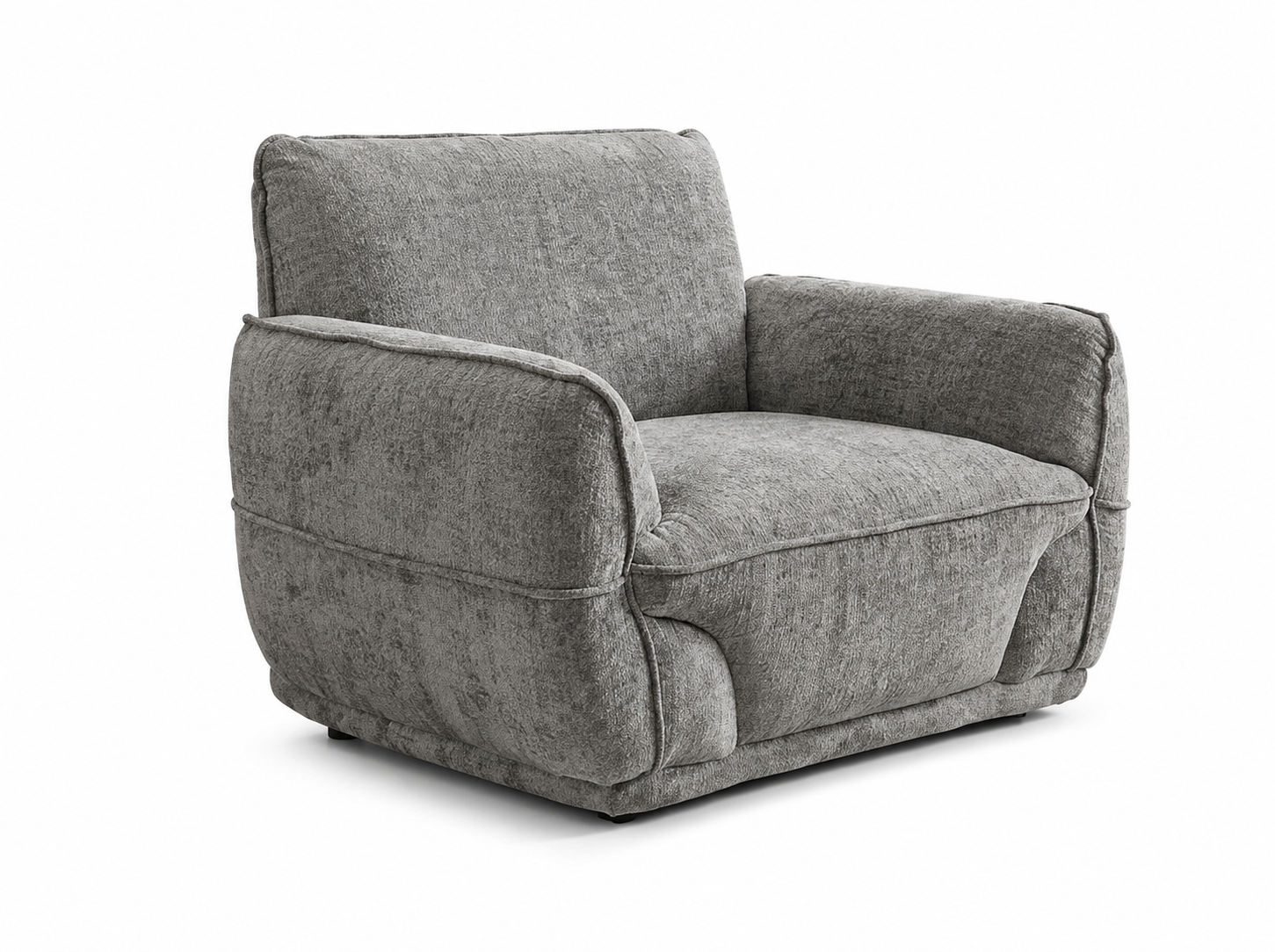 A modern low-profile armchair upholstered in textured gray fabric, shown from a three-quarter angle on a white background.