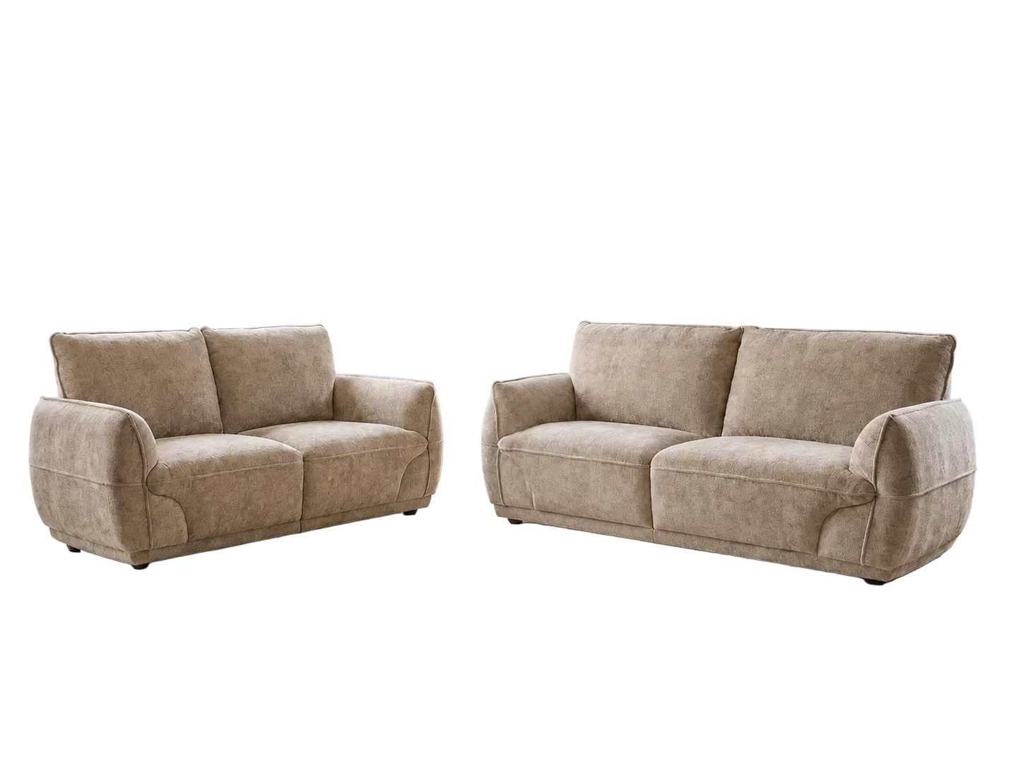 A matching upholstered loveseat and sofa set in a warm taupe-beige fabric, shown on a plain white background.