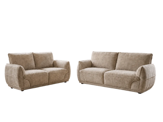 A matching upholstered loveseat and sofa set in a warm taupe-beige fabric, shown on a plain white background.