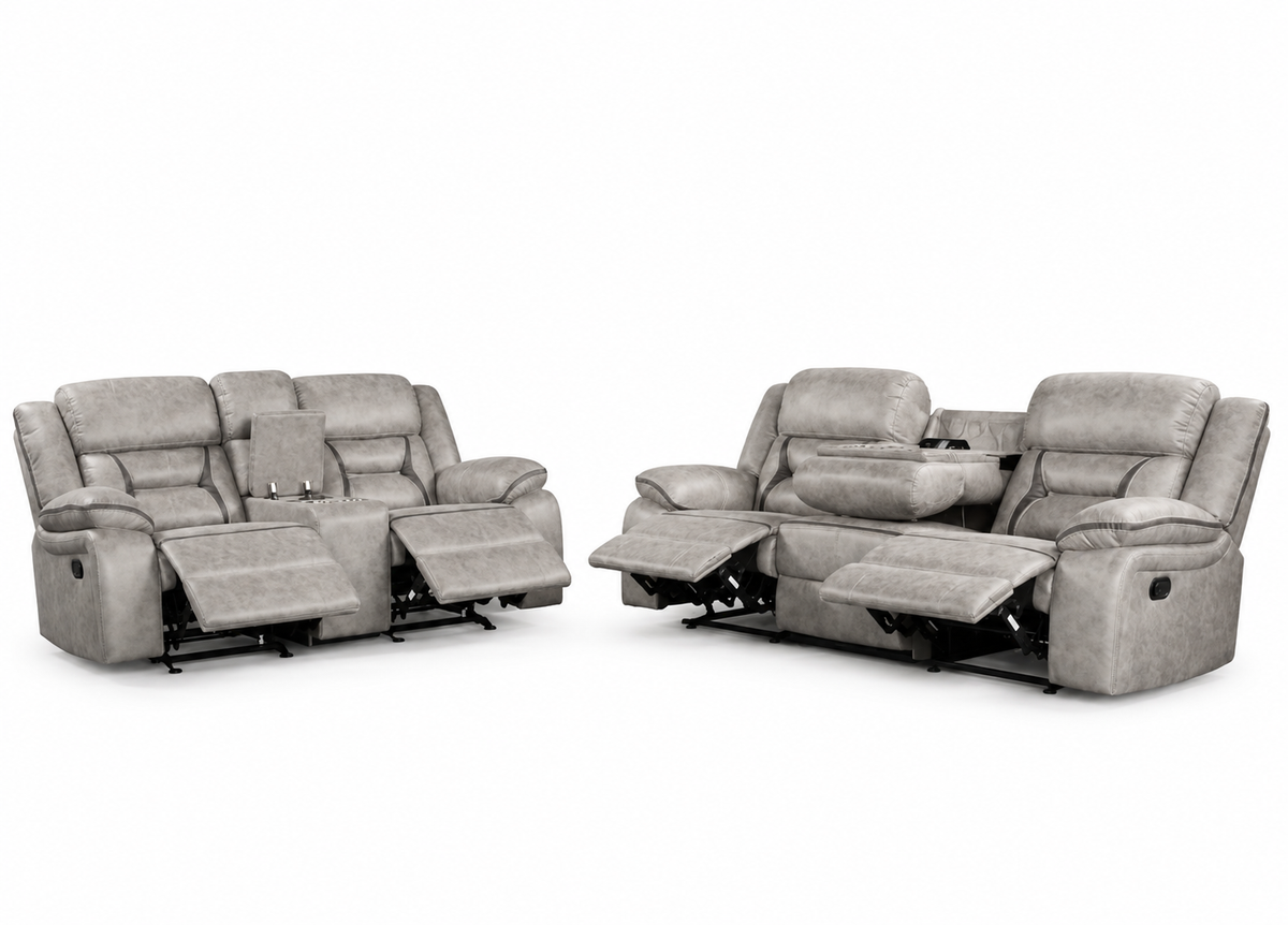 A light gray upholstered reclining sofa set shown in two pieces on a white background, with both seats extended to show the reclining mechanism and footrests. on a white background.