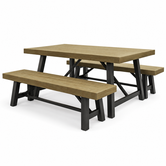 Outdoor picnic table and two matching benches with light brown wood-look slats and black metal frames, shown on a clean white background.