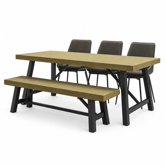 A 5-piece outdoor dining set featuring a rectangular wooden table, a matching bench, and three high-back chairs with dark gray fabric seats, set against a plain white background.