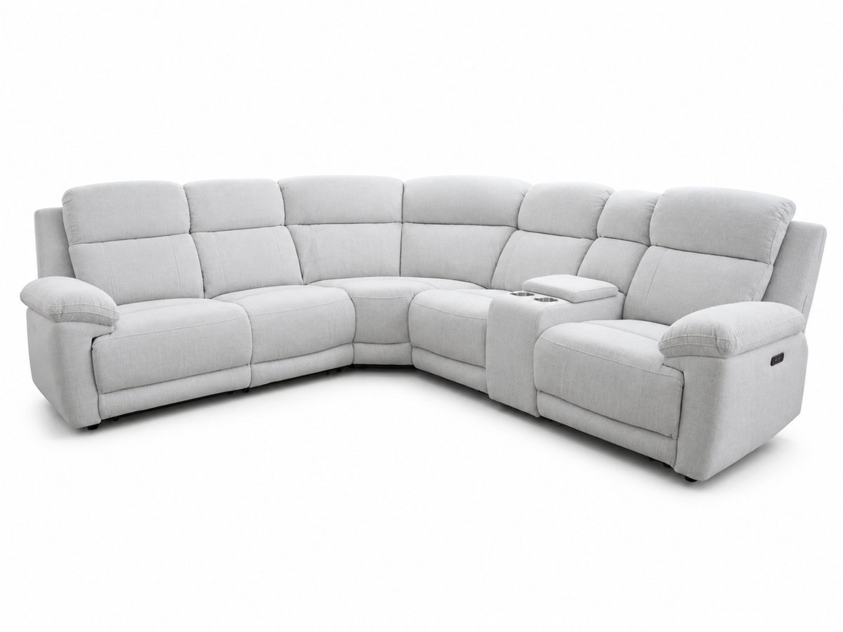 A light beige upholstered sectional sofa with a right-side recliner and a center console cup holder, shown on a solid white background.