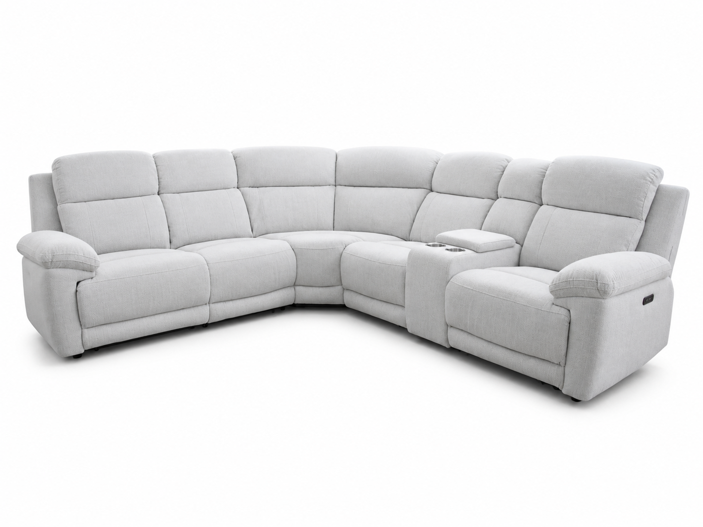 A light beige upholstered sectional sofa with a right-side recliner and a center console cup holder, shown on a solid white background.