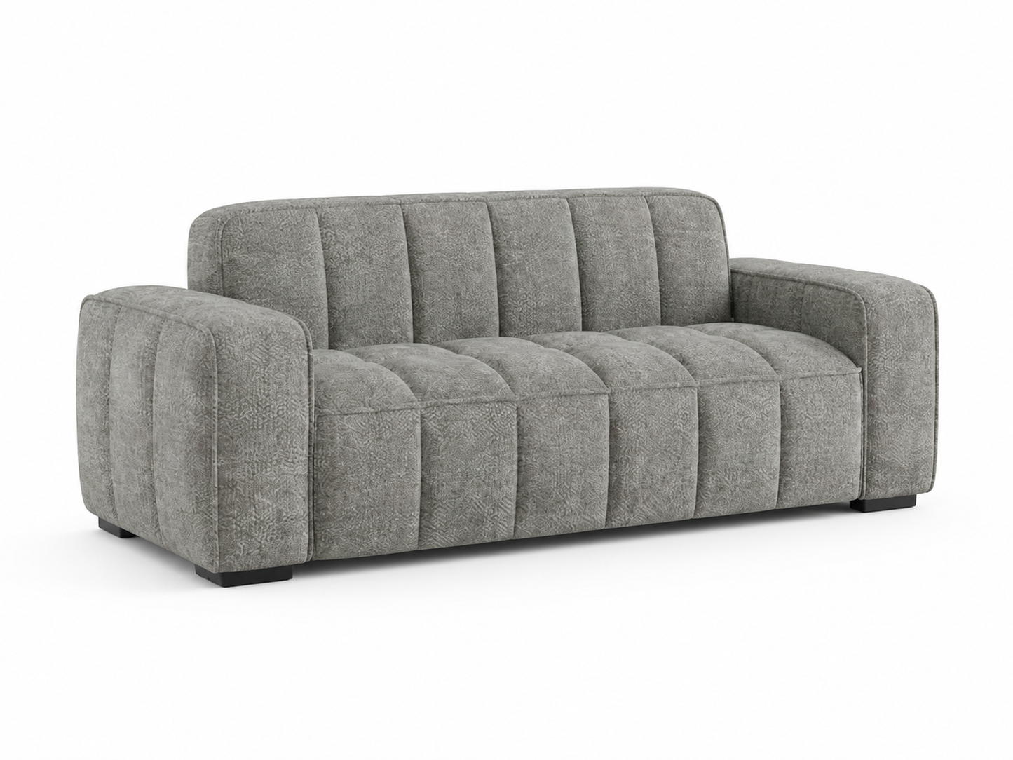 A modern gray upholstered loveseat with a textured fabric and channel-tufted backrest and seat cushions, shown on a plain white background.