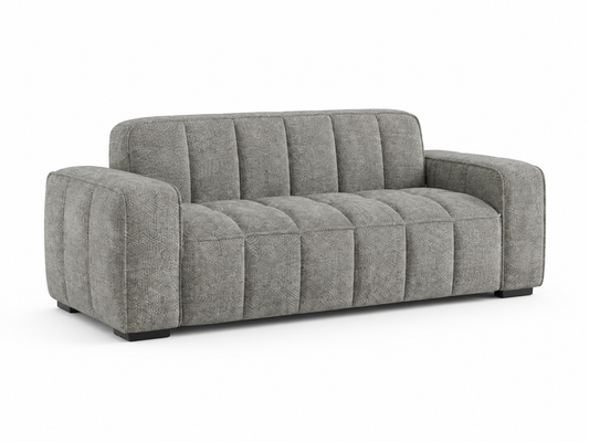 A modern gray upholstered loveseat with a textured fabric and channel-tufted backrest and seat cushions, shown on a plain white background.