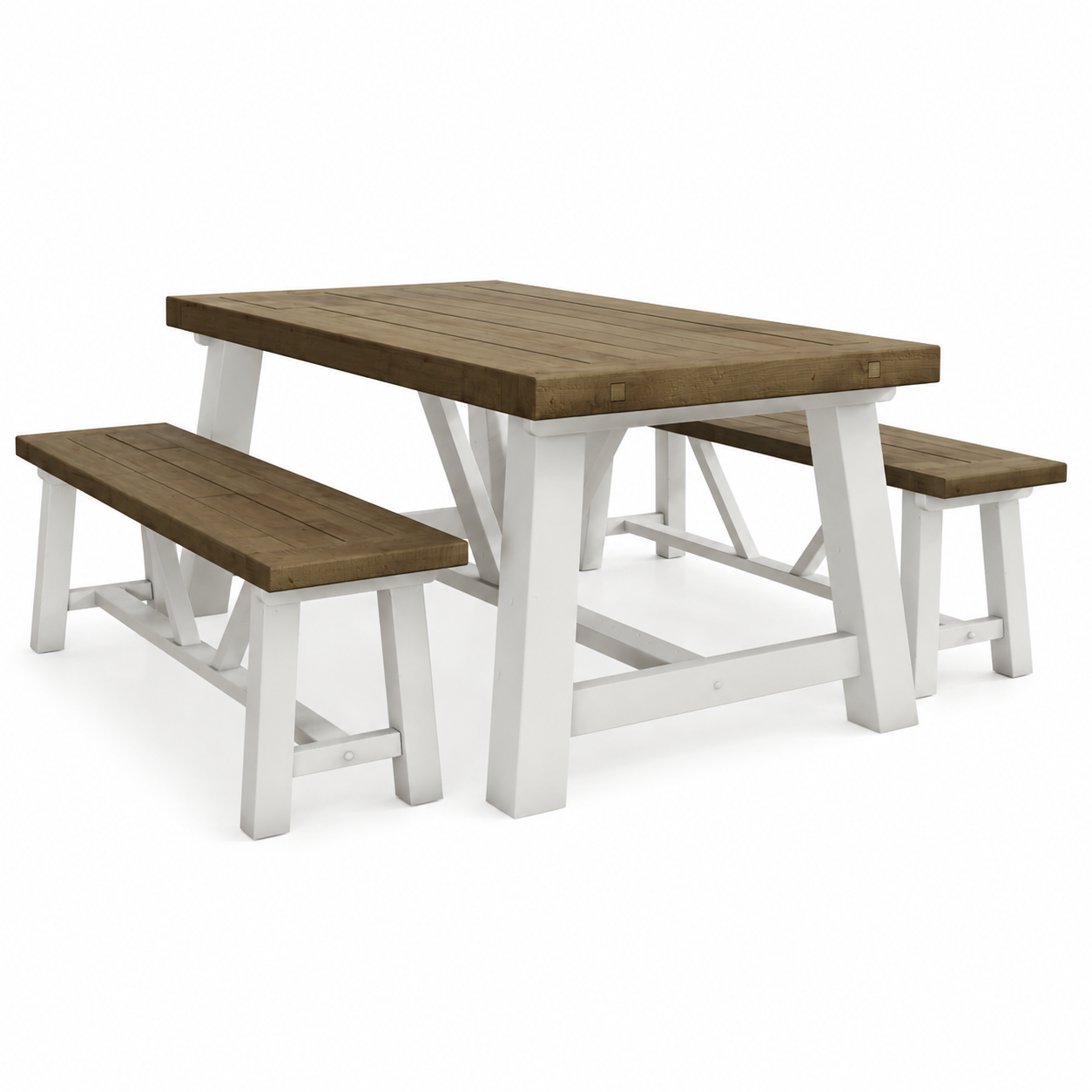 A rustic picnic table set with a rectangular brown wooden table and two matching brown bench seats on a white painted metal frame, shown on a solid white background.