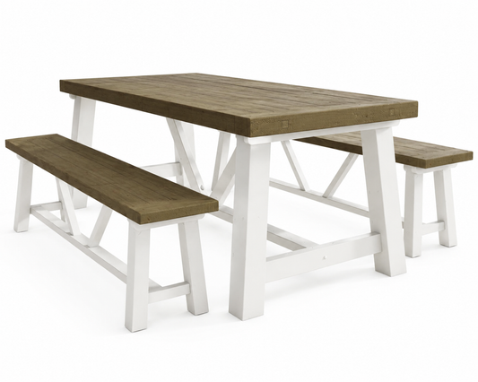 A rustic picnic table set with a rectangular wooden table and two matching benches, featuring a brown wood-look top and seat with a white painted frame, shown on a solid white background.