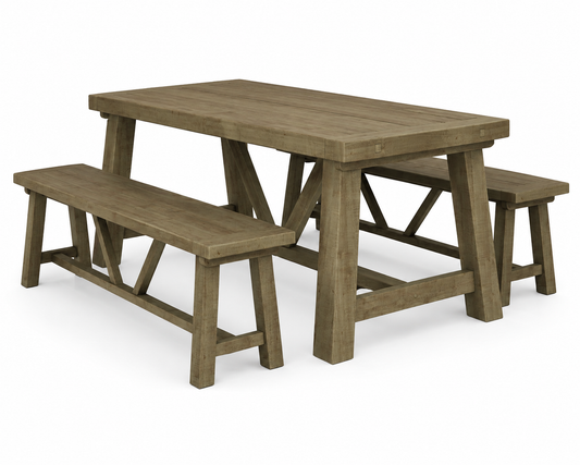 1.6m rustic wooden picnic table set with two matching benches, shown on a clean white background.