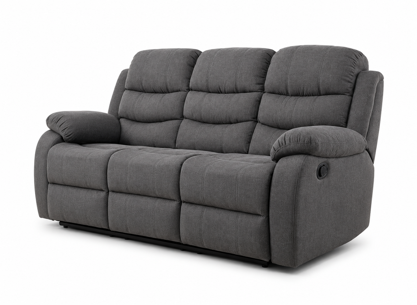 A three-seat Black reclining sofa with padded back cushions, wide armrests, and a low-profile rectangular frame, shown on a plain white studio background.