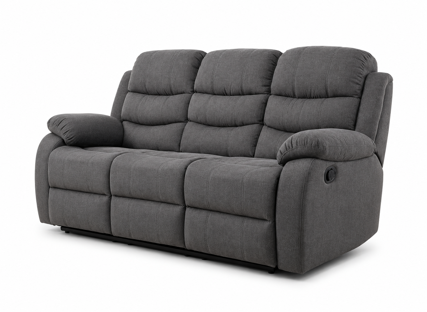 A three-seat Black reclining sofa with padded back cushions, wide armrests, and a low-profile rectangular frame, shown on a plain white studio background.