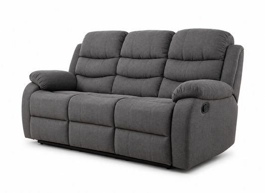 A three-seat Black reclining sofa with padded back cushions, wide armrests, and a low-profile rectangular frame, shown on a plain white studio background.