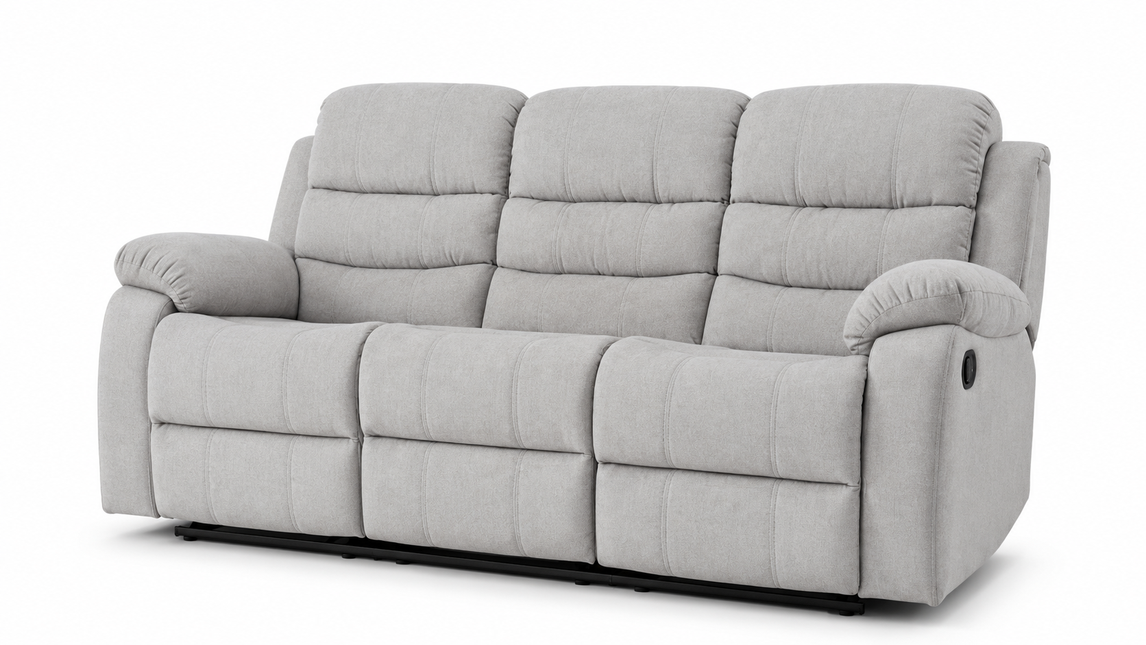 A  gray upholstered reclining loveseat with segmented cushioning and padded armrests, shown on a plain white studio background.