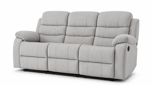 A  gray upholstered reclining loveseat with segmented cushioning and padded armrests, shown on a plain white studio background.