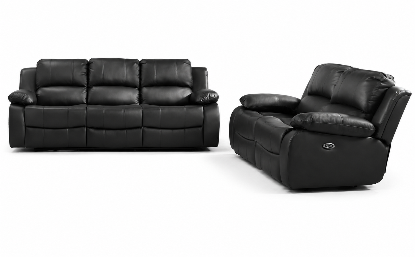 Black leather reclining sofa and matching recliner chair shown on a clean white studio background.