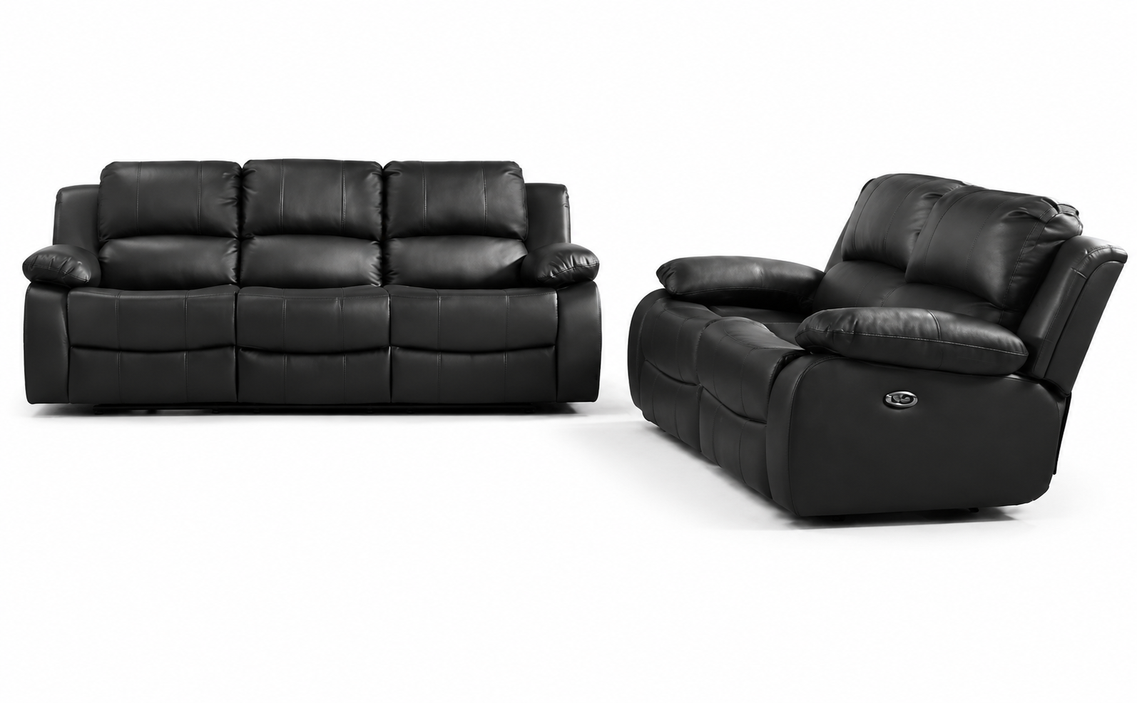 Black leather reclining sofa and matching recliner chair shown on a clean white studio background.